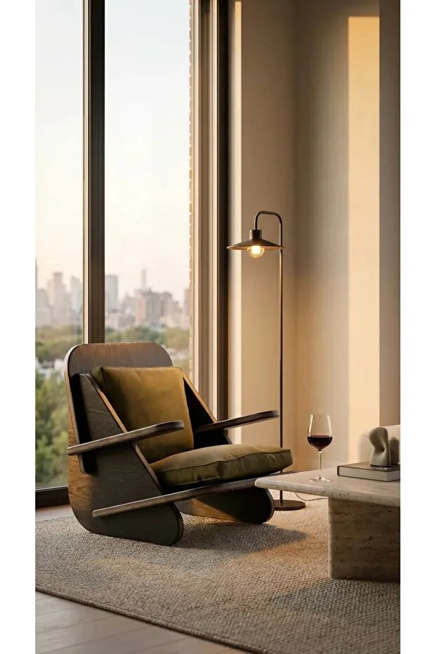 Berjer Tekli Ahşap Siyah Berjer Yeşil Keten Kumaş